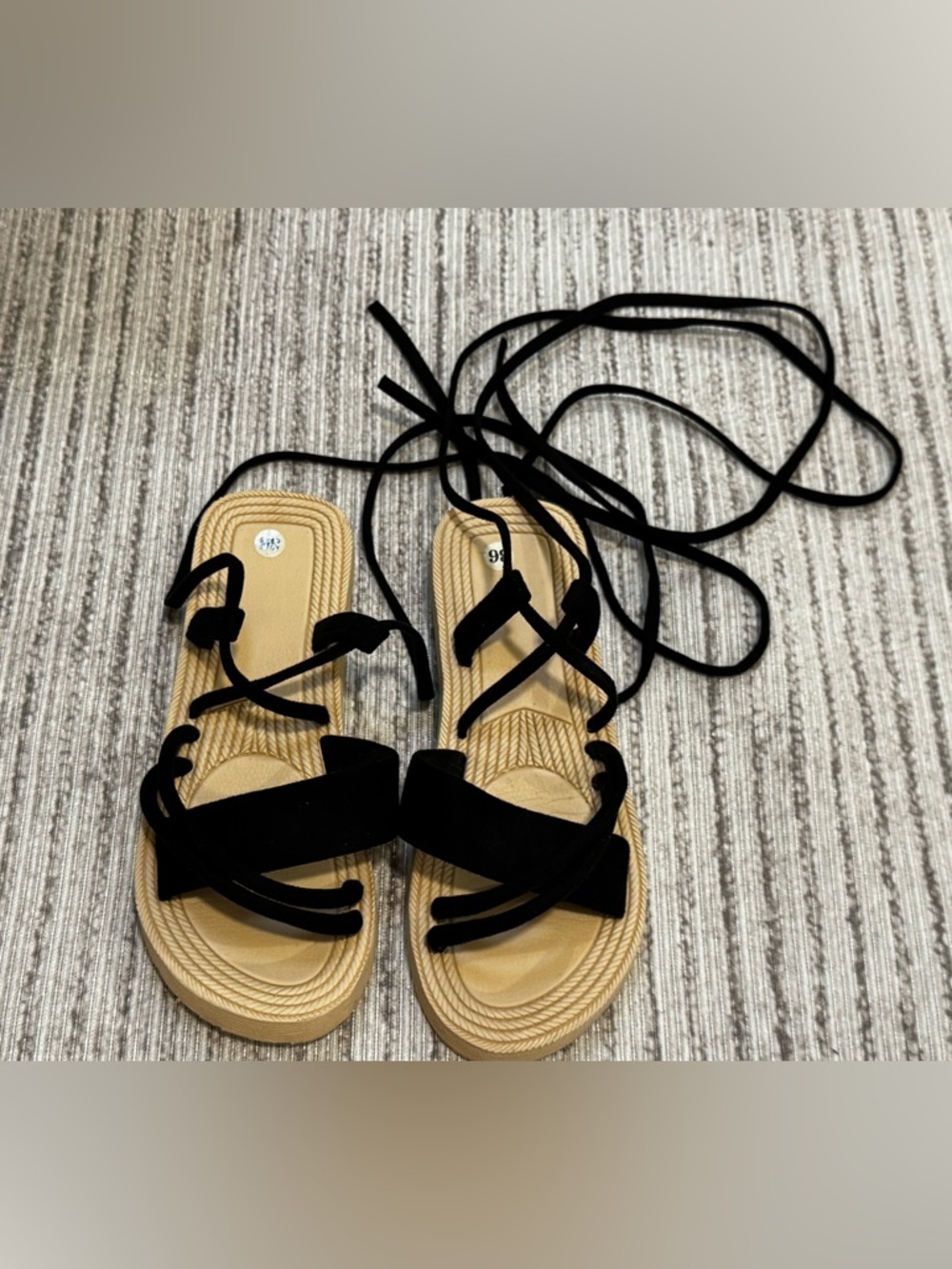 Shein Lace Up Sandals Womens Size 6 Black Gladiator Strappy Flat